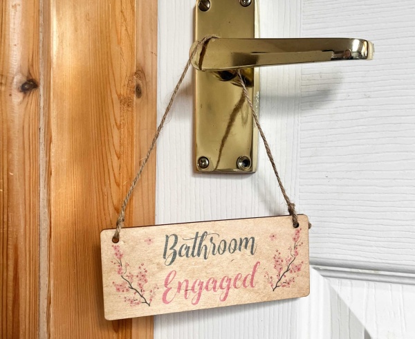 Bathroom Engaged Vacant Rectangle Shape Cherry Blossom Hanging Wooden Door Sign